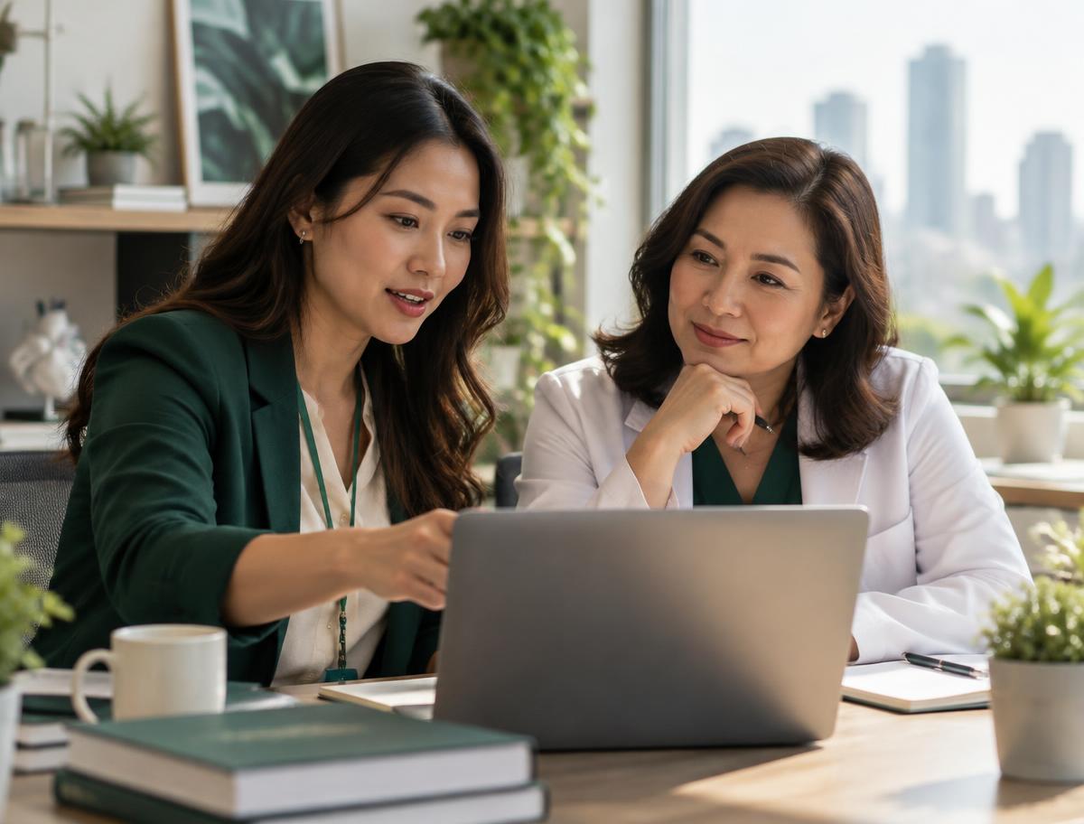 Two professionals collaborating around a laptop